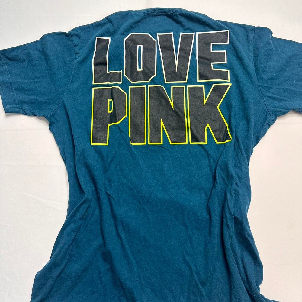Victoria's Secret PINK Teal Graphic Tee with Black and Neon Yellow Outline